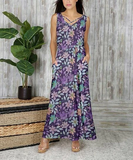 Best Sale 💯 Bon Apple Tea Purple & Turquoise Floral Strap-Accent V-Neck Sleeveless Maxi 👗 Dress - 👩 Women & Plus 🔥