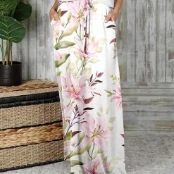 Hot Sale 😀 Bon Apple Tea White & Pink Floral Side-Pocket Maxi 👗 Skirt - 👩 Women 🔥