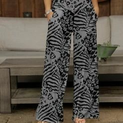 Hot Sale 👍 Bon Apple Tea Gray & Black Animal-Print Patchwork Pocket Wide-Leg Pants - 👩 Women & Plus 🛒