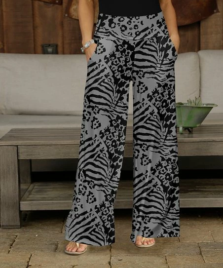 Hot Sale π Bon Apple Tea Gray & Black Animal-Print Patchwork Pocket Wide-Leg Pants - π© Women & Plus π 1 Hot Sale π Bon Apple Tea Gray & Black Animal-Print Patchwork Pocket Wide-Leg Pants - π© Women & Plus π