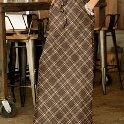 Cheap 🤩 Bon Apple Tea Brown & Beige Plaid Drawstring Pocket Maxi 👗 Skirt - 👩 Women 🤩