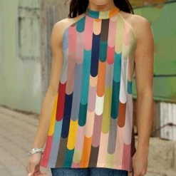 Budget 😉 Bon Apple Tea Pink & Turquoise Abstract Sleeveless Halter Top - 👩 Women & Plus 😍