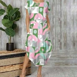 Best Pirce 👏 Bon Apple Tea White & Green Geometric Curved-Hem Short-Sleeve Midi 👗 Dress - 👩 Women & Plus 🛒