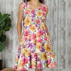 Buy 🎉 Bon Apple Tea White & Fuchsia Floral Ruffle-Hem Sleeveless A-Line 👗 Dress - 👩 Women & Plus 🎉