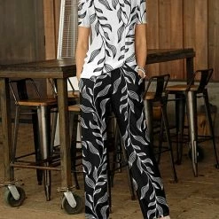 Discount 🥰 Bon Apple Tea White Leaf Cold-Shoulder Top & Black Leaf Pocket Pants - 👩 Women 💯