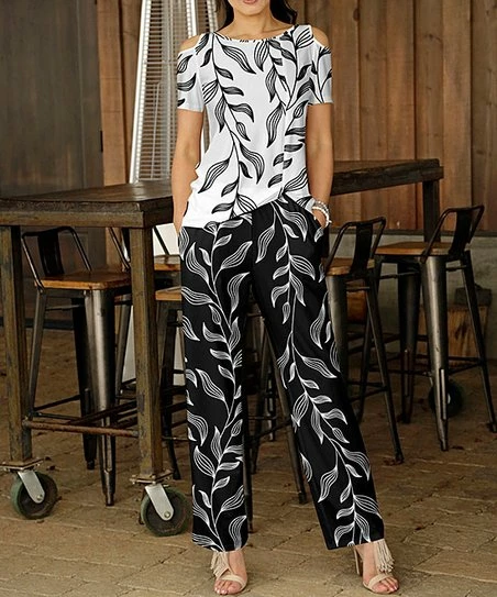 Discount π₯° Bon Apple Tea White Leaf Cold-Shoulder Top & Black Leaf Pocket Pants - π© Women π― 1 Discount π₯° Bon Apple Tea White Leaf Cold-Shoulder Top & Black Leaf Pocket Pants - π© Women π―