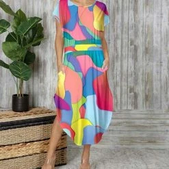 Deals ⌛ Bon Apple Tea Fuchsia & Blue Abstract Pocket Asymmetrical Midi 👗 Dress - 👩 Women & Plus 🎁