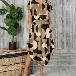 Discount ⭐ Bon Apple Tea Tan & Black Abstract Pocket Curved-Hem Midi 👗 Dress - Plus 🥰