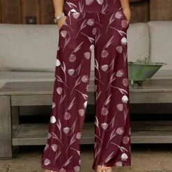 Outlet 👏 Bon Apple Tea Burgundy & Gray Floral Pocket Wide-Leg Pants - 👩 Women ✔️