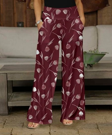 Outlet π Bon Apple Tea Burgundy & Gray Floral Pocket Wide-Leg Pants - π© Women βοΈ 1 Outlet π Bon Apple Tea Burgundy & Gray Floral Pocket Wide-Leg Pants - π© Women βοΈ