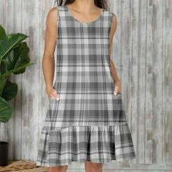 Flash Sale 🥰 Bon Apple Tea Gray & White Plaid Pocket Ruffle-Hem Sleeveless 👗 Dress - 👩 Women ⭐