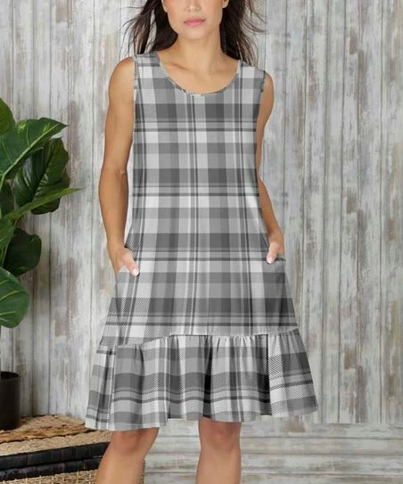 Flash Sale π₯° Bon Apple Tea Gray & White Plaid Pocket Ruffle-Hem Sleeveless π Dress - π© Women β 1 Flash Sale π₯° Bon Apple Tea Gray & White Plaid Pocket Ruffle-Hem Sleeveless π Dress - π© Women β