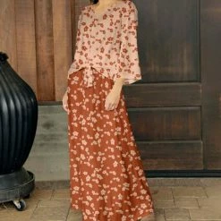 Discount ✔️ Bon Apple Tea Coral Floral Tie-Front Scoop Neck Top & Orange Floral Maxi 👗 Skirt - Plus 😀