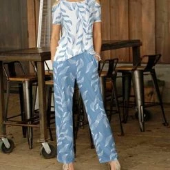 Best Pirce ✨ Bon Apple Tea White Leaves Cutout Tee & Blue Leaves Pocket Straight-Leg Pants - Plus 🌟