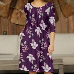 Promo 👏 Bon Apple Tea Purple & Lavender Floral Pleated Pocket Shift 👗 Dress - 👩 Women 🔥