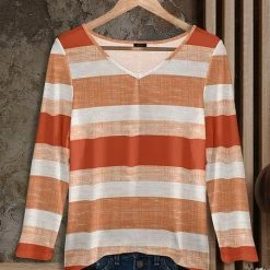Wholesale ⭐ Bon Apple Tea Peach & Orange Stripe Long-Sleeve V-Neck Tunic - 👩 Women & Plus 🔥