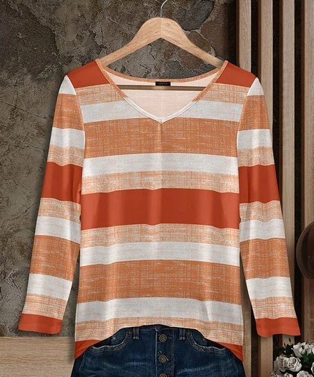 Wholesale β Bon Apple Tea Peach & Orange Stripe Long-Sleeve V-Neck Tunic - π© Women & Plus π₯ 1 Wholesale β Bon Apple Tea Peach & Orange Stripe Long-Sleeve V-Neck Tunic - π© Women & Plus π₯