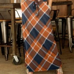 Budget 🤩 Bon Apple Tea Orange & Navy Plaid Drawstring Pocket Maxi 👗 Skirt - 👩 Women 🛒