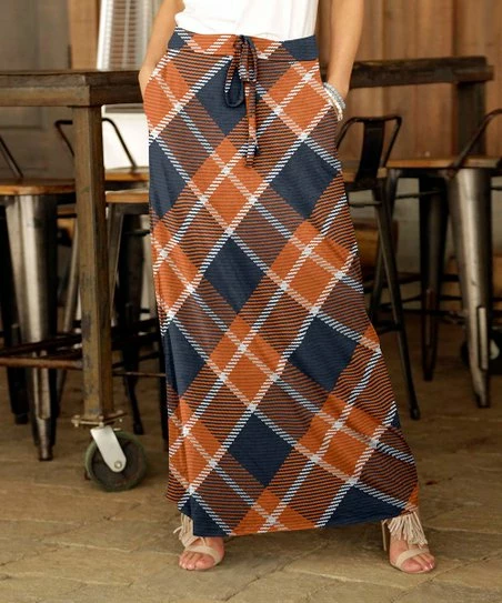 Budget π€© Bon Apple Tea Orange & Navy Plaid Drawstring Pocket Maxi π Skirt - π© Women π 1 Budget π€© Bon Apple Tea Orange & Navy Plaid Drawstring Pocket Maxi π Skirt - π© Women π
