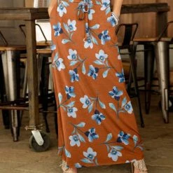 Best deal 🎁 Bon Apple Tea Orange & Blue Floral Drawstring Pocket Maxi 👗 Skirt - 👩 Women & Plus 🤩