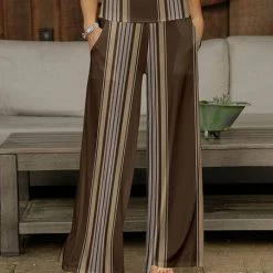 Promo 👏 Bon Apple Tea Brown & Beige Stripe Pocket Wide-Leg Pants - 👩 Women & Plus 👏