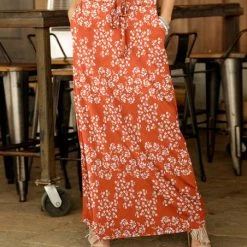 Best Sale 💯 Bon Apple Tea Orange & White Floral Drawstring Pocket Maxi 👗 Skirt - 👩 Women & Plus ⭐