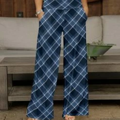 Hot Sale ⌛ Bon Apple Tea Blue & White Plaid Pocket Wide-Leg Pants - 👩 Women 🎉