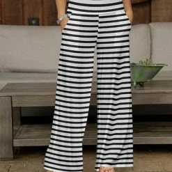 Hot Sale 🔥 Bon Apple Tea White & Black Stripe Pocket Wide-Leg Pants - 👩 Women & Plus 🛒