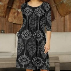 Promo ❤️ Bon Apple Tea Black & Gray Geometric Pleated Pocket A-Line 👗 Dress - 👩 Women & Plus ✔️