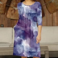 Best Sale 🤩 Bon Apple Tea Purple & White Abstract Pleated Pocket A-Line 👗 Dress - Plus 😍