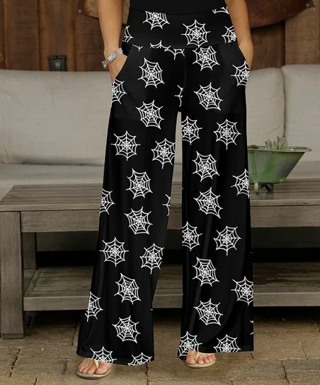 Buy π Bon Apple Tea White & Black Spiderweb Pocket Wide-Leg Pants - Plus π 1 Buy π Bon Apple Tea White & Black Spiderweb Pocket Wide-Leg Pants - Plus π