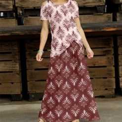 Brand new 🎁 Bon Apple Tea Pink & Burgundy Floral Short-Sleeve Cutout Top & Maxi 👗 Skirt - 👩 Women & Plus ✔️