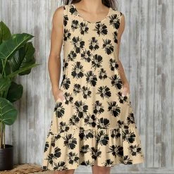 Flash Sale ❤️ Bon Apple Tea Cream & Black Floral Ruffle-Hem Pocket 👗 Dress - 👩 Women & Plus 👍