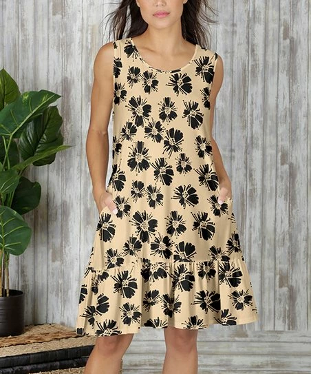 Flash Sale β€οΈ Bon Apple Tea Cream & Black Floral Ruffle-Hem Pocket π Dress - π© Women & Plus π 1 Flash Sale β€οΈ Bon Apple Tea Cream & Black Floral Ruffle-Hem Pocket π Dress - π© Women & Plus π