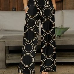 Deals 💯 Bon Apple Tea Cream & Black Geometric Pocket Wide-Leg Pants - 👩 Women & Plus ✔️