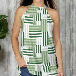 Brand new 🛒 Bon Apple Tea White & Green Crosshatch Ruffle-Hem Halter Top - 👩 Women & Plus ✔️
