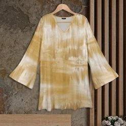 Promo 🥰 Bon Apple Tea Beige & Cream Tie-Dye Bell-Sleeve V-Neck Tunic - Plus 🔔