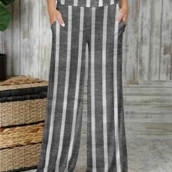 Cheapest 🔔 Bon Apple Tea Black & Gray Stripe Pocket Wide-Leg Pants - 👩 Women 💯