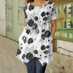 Deals 🛒 Bon Apple Tea White & Black Roses Pocket Handkerchief Tunic - Plus 🤩