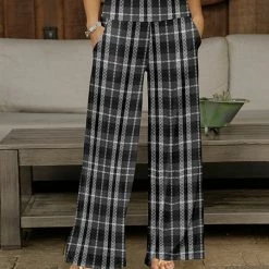 Buy 🧨 Bon Apple Tea Gray & Black Plaid Pocket Wide-Leg Pants - 👩 Women 💯