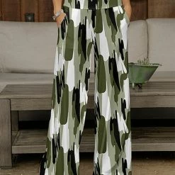 Outlet 🎁 Bon Apple Tea Green & White Brushstroke Pocket Wide-Leg Pants - 👩 Women & Plus 🛒