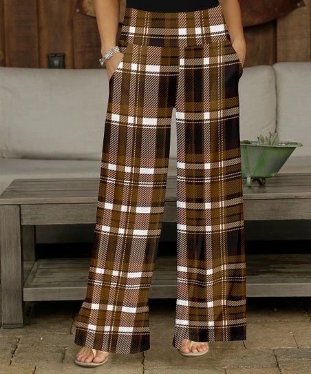 Promo π― Bon Apple Tea Brown & White Plaid Pocket Wide-Leg Pants - π© Women & Plus β¨