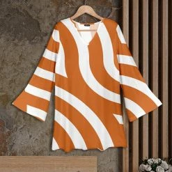 Flash Sale 🛒 Bon Apple Tea Orange & White Wavy Stripe Bell-Sleeve V-Neck Tunic - Plus ✨