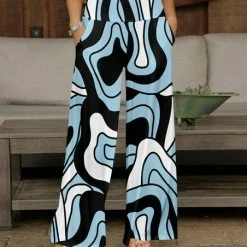 Budget ⌛ Bon Apple Tea Blue & Black Pop Art Abstract Pocket Wide-Leg Pants - 👩 Women & Plus 😉