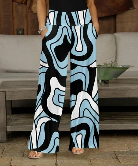 Budget β Bon Apple Tea Blue & Black Pop Art Abstract Pocket Wide-Leg Pants - π© Women & Plus π 1 Budget β Bon Apple Tea Blue & Black Pop Art Abstract Pocket Wide-Leg Pants - π© Women & Plus π