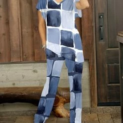 Budget 🛒 Bon Apple Tea Blue & White Abstract Patchwork V-Neck Tee & Lounge Pants - 👩 Women & Plus ✨