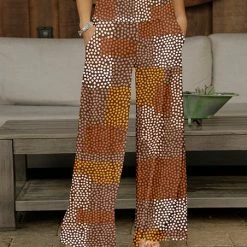 New 👏 Bon Apple Tea Orange & Brown Dot Patchwork Pocket Wide-Leg Pants - 👩 Women & Plus 🥰