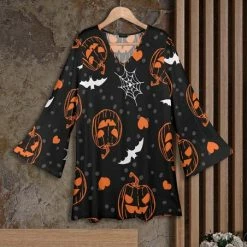 Buy 🤩 Bon Apple Tea Black & Orange Jack-o'-Lanterns Bell-Sleeve V-Neck Tunic - 👩 Women 👍
