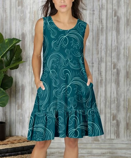 Top 10 π Bon Apple Tea Teal & Turquoise Abstract Ruffle-Hem Pocket Sleeveless π Dress - π© Women β€οΈ