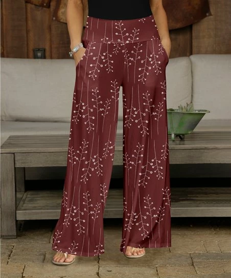 Brand new ✨ Bon Apple Tea Burgundy & White Floral Pocket Wide-Leg Pants - Plus ✔️